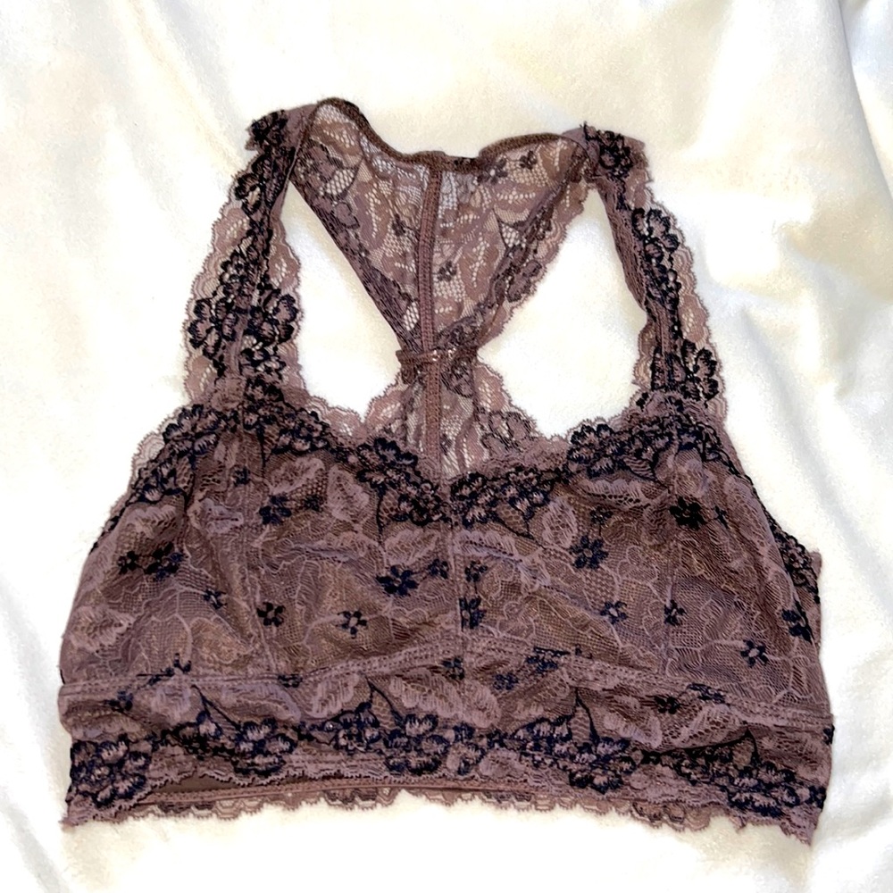 DAYTRIP bralette lace & floral dark mauve & black M/L NWOT
